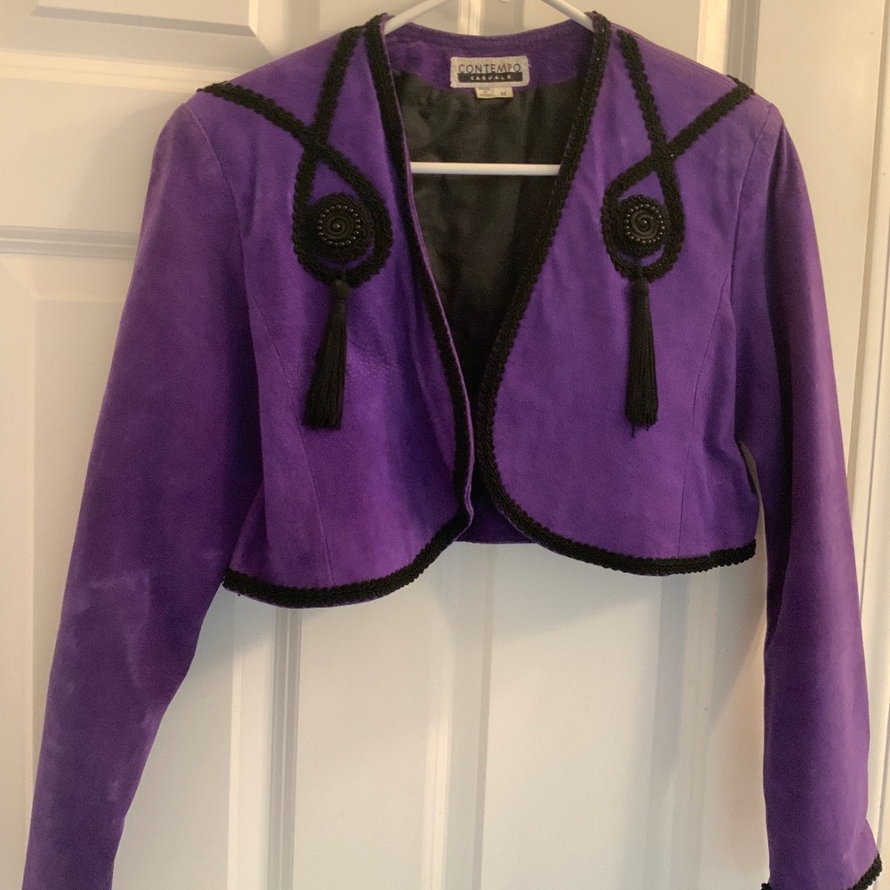 Vintage Cropped Purple Suede Jacket with Black Tassel Trim 90s